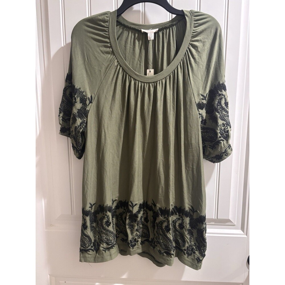 Cupio Olive Green Scoop Neck Blouse with Black Paisley Trim